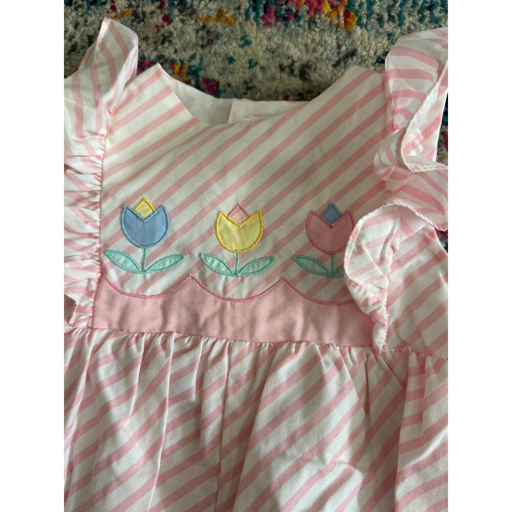 Vintage 90s Baby Togs Pink Striped Romper Ruffle Tulip Flowers‎ Size 6-9 Month
